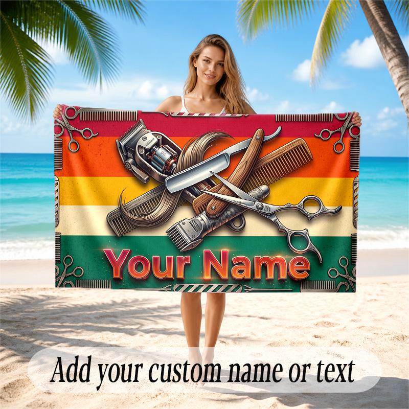 Barber Salon Theme Quick Dry Beach Towel Custom Name Text Print Large Sand Resistant Towel Beach Vacation