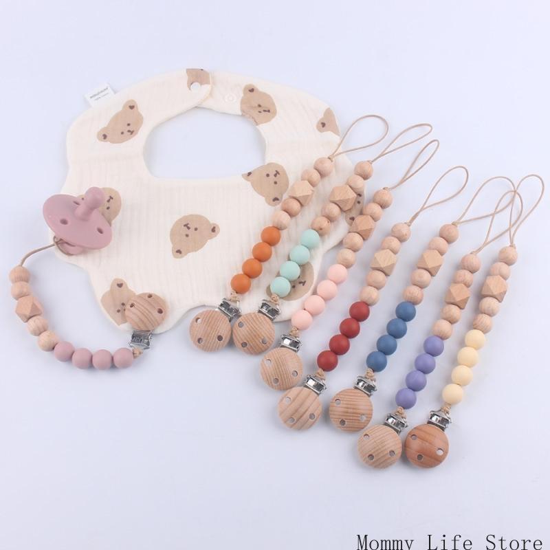 Wooden Nipple Clip Teething Bead Pacifier Anti-Lost Chain Soother Clip Baby Teether Toy Hanging Clip Nursing Accessories