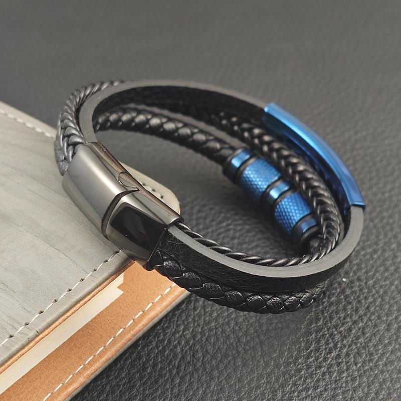 Charm New Blue Men's Leather Bracelets Stainless Steel Magnet Clasp Charms Fashion Punk Bangle Homme Jewelry Gifts