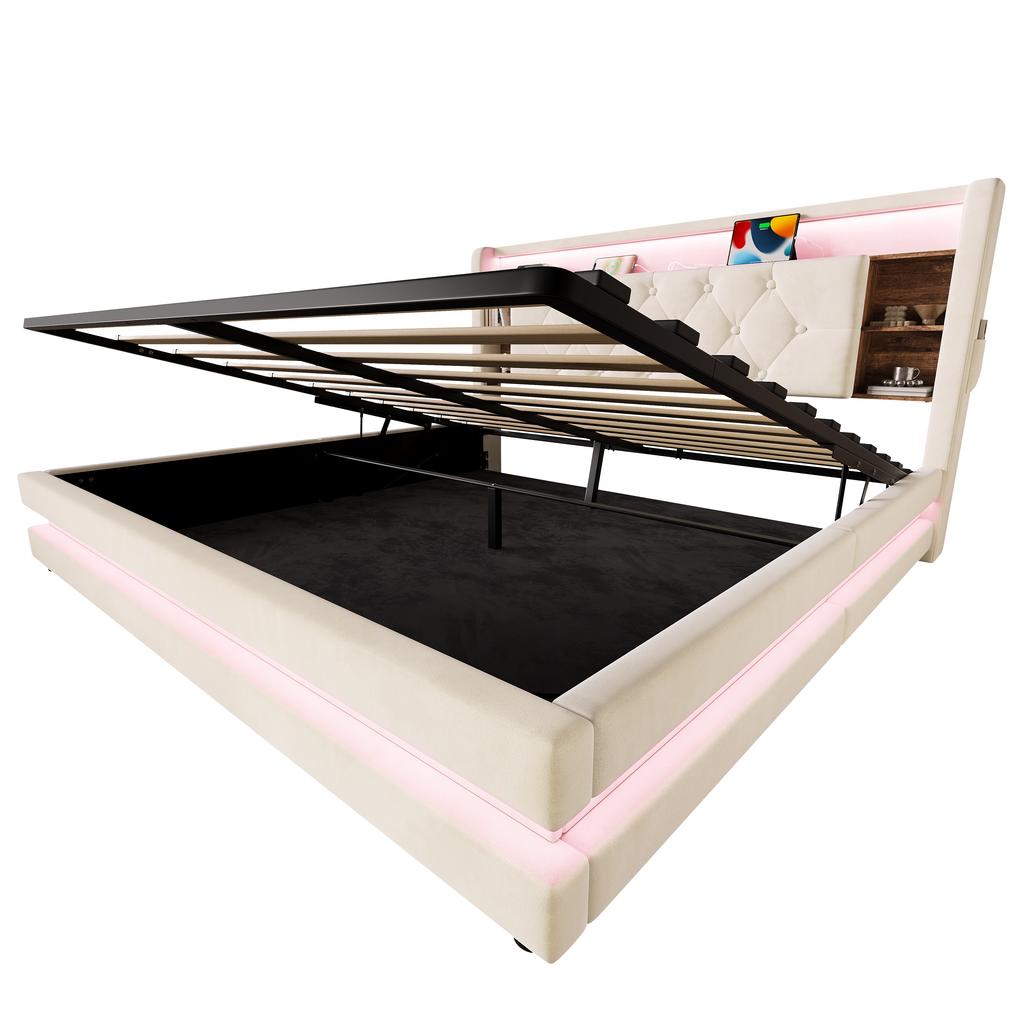 160 × 200 cm Upholstered Bed with Storage, Velvet Bed with Multifunctional Headboard, LED Lighting, 2 USB & Type-C Port, Hydraulic, Beige