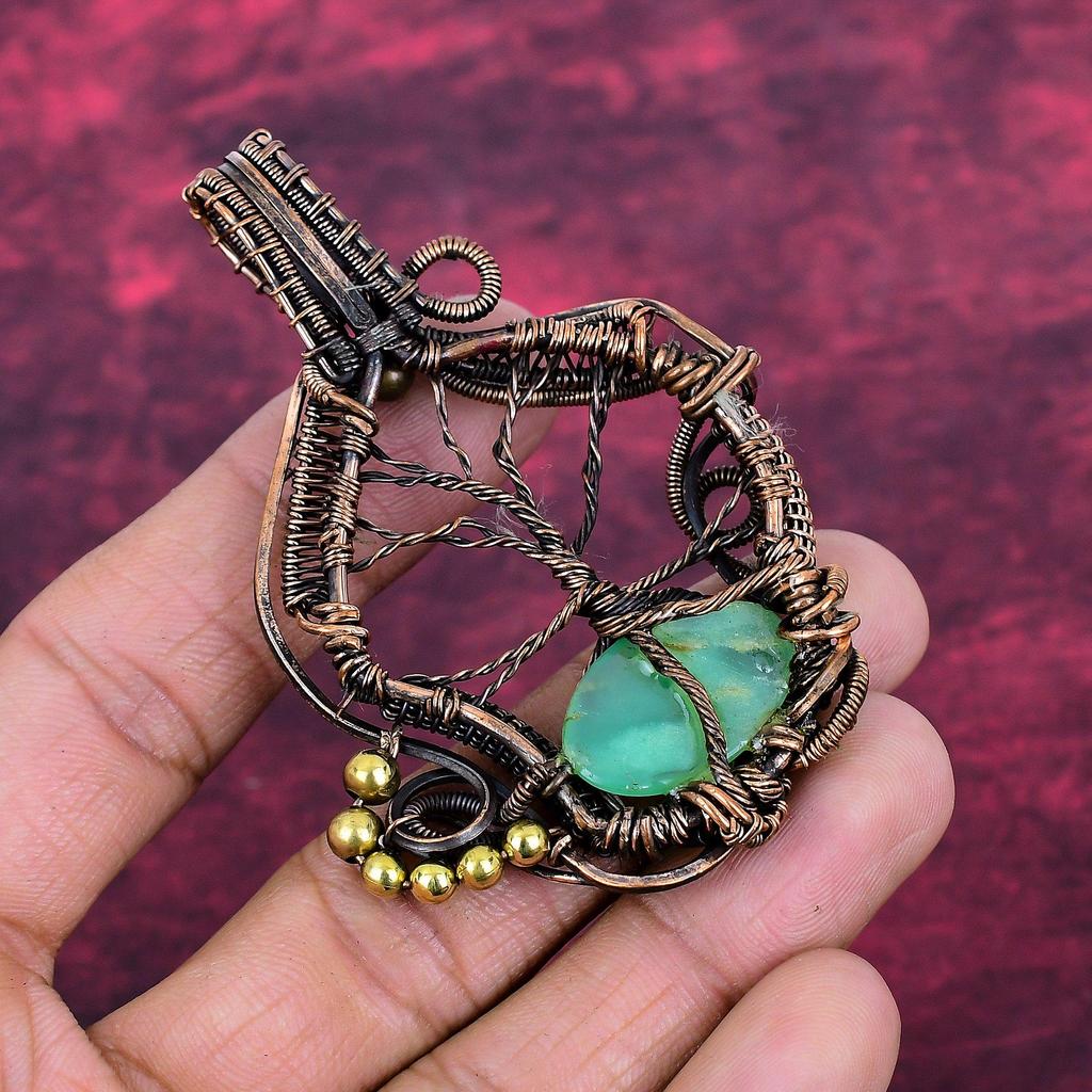 Tree Of Life Chrysoprase Gemstone Pendant Copper Wire Wrapped Handmade Jewelry