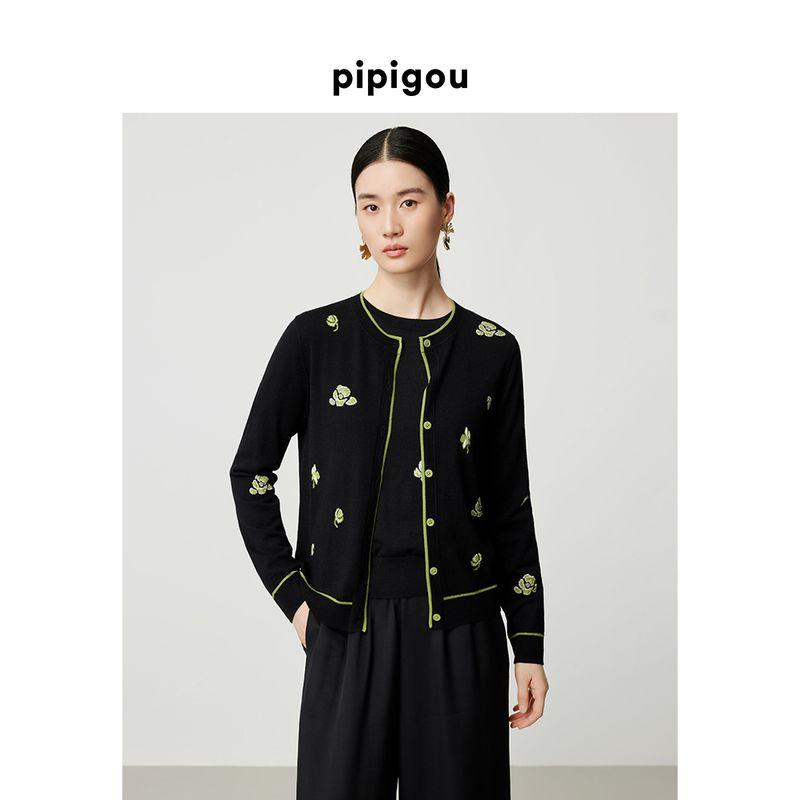 

PIPIDOG 25 Spring and Summer New Arrival Women s Clothing round Neck Contrast Color Edge Phalaenopsis Jacquard Wool Cashmere Blending Cardigan 701 Graphite Black S(155/80A)