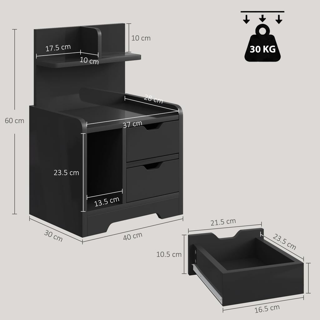 Bedside Table, Small Bedside Cabinet with 2 Drawers and Storage Shelves for Bedroom, Black Wood Effect