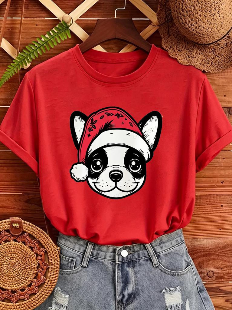Frenchie Christmas Print Women's T-Shirts Retro Dog Santa Hat Design T-Shirts Tee Tops short sleeve Tshirts Tops Christmas Gifts