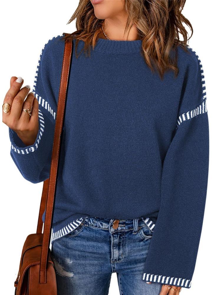 

Autumn Winter Women s Fashion Solid Colour Round Neck Loose Long Sleeve Colour Block Cable Knit Pullover Top Luxurious Relaxed Versatile Top S