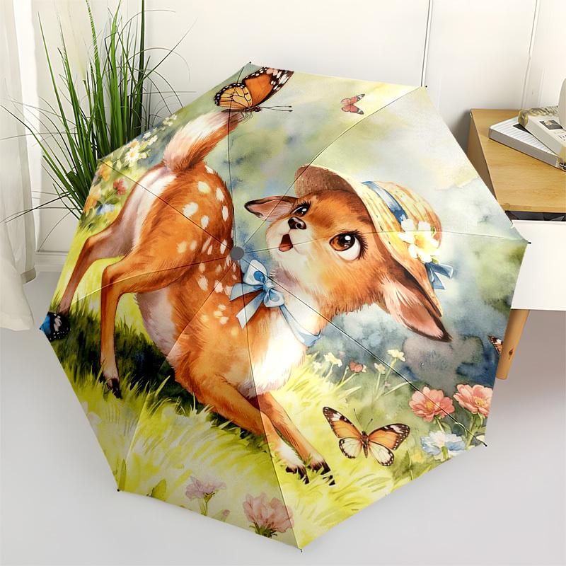 1pc Deer in Flower Garden with Butterflies Umbrella with Plastic Handle,Suitable for All Seasons Home Travel Outdoor Umbrellaptys31011