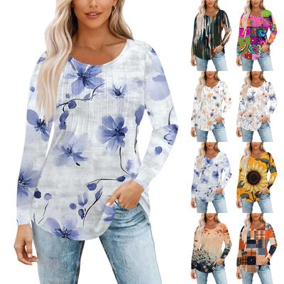 Women's Fashion Casual Pleated Round Neck Vintage Floral Print Long Sleeve T,Shirt Top