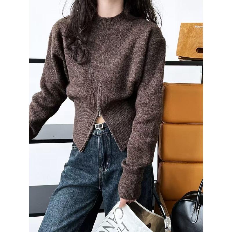 Autumn Round Neck Zipper Design Long Sleeved Knitted Sweater Loose Solid Color Casual Fashion Office Pullover Women Sweaters Female Clothing
