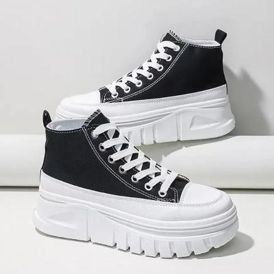 Women's Casual Height Increased Shoes Solid Color Versatile Canvas Shoes High Top Lace Up Flats Comfortable Breathable Female