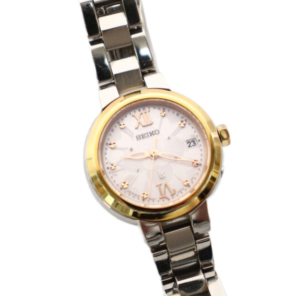 SEIKO Lukia Solar Analog Calendar Stainless Steel Silver Pink Watch 3-Hand Women's 1B22-0BL0
