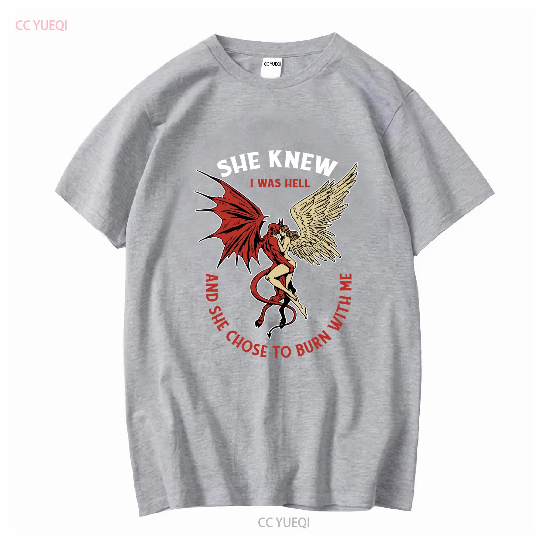 She Knew I Was Hell Devil Angel Valentines Day Mens T Shirt 100 Cotton vintage Washed Comfortable Versatile Slightly Casual S