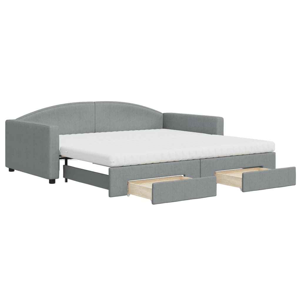 Extendable Daybed with Drawers Light Grey 100x200 cm Fabric