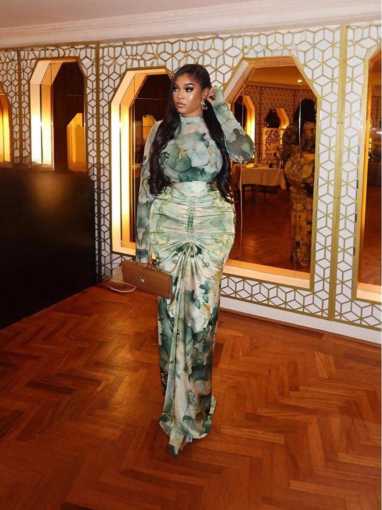 European Cross-Border Print Slim-Fit Skirt Suit: Mesh Long Skirt & High Neck Top - Trendy Casual Commuter Women's Two-Piece