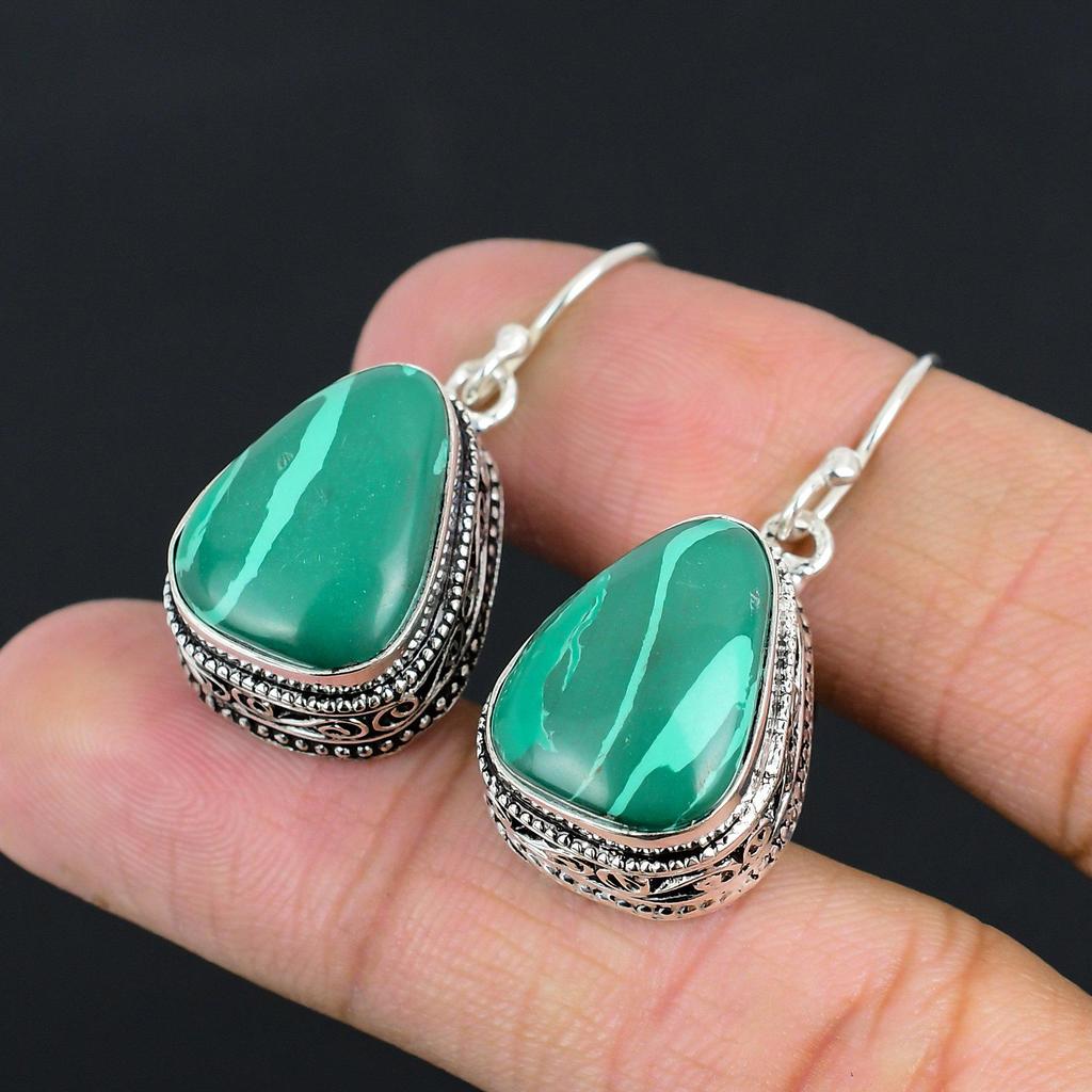 Memorial Day Sale Natürlicher Malachit Vintage Hängeohrringe Schmuck 925 Silber