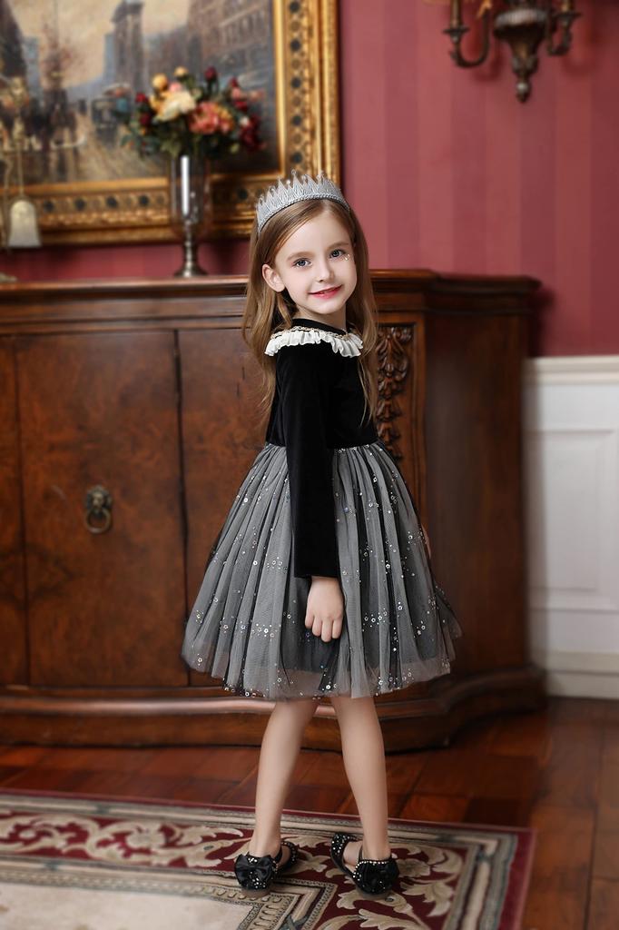 Weileenice Piano Recital Size Long Sleeve Black Princess Mourning Perfect for Memorial and More Dress, 140, Gray, Fall/Winter, Girls' Outfit, Dress,