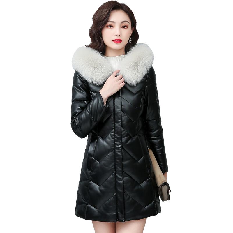 Sheepskin Leather Jacket Women's Down Jacket 90 White Duck Down Women's Medium Length Large Size Fur Jacket Slim Leather Jacket