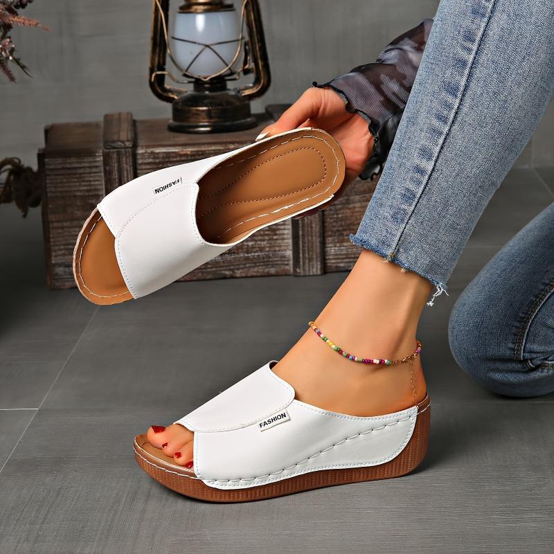 Large-sized Thick-soled Casual Slipper Women's Shoes 2025 New Style Wide Band Simple and Fashionable Fish-mouth Wedge Heel Slipper