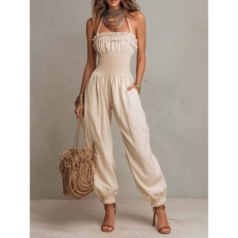 Bohemian Style Linen Cotton Jumpsuit With Halter Neck Lantern Sleeves Women 2026
