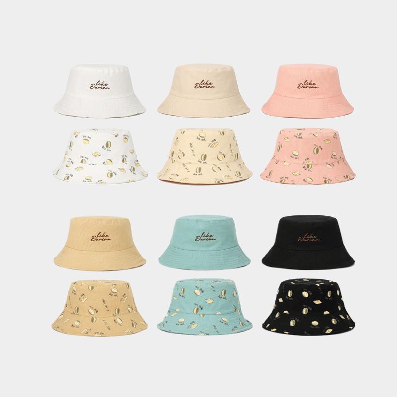 Durian Print Bucket Hat for Women Double-Sided Korean Style Spring Summer Sunshade Cute Sun Cap Foldable New