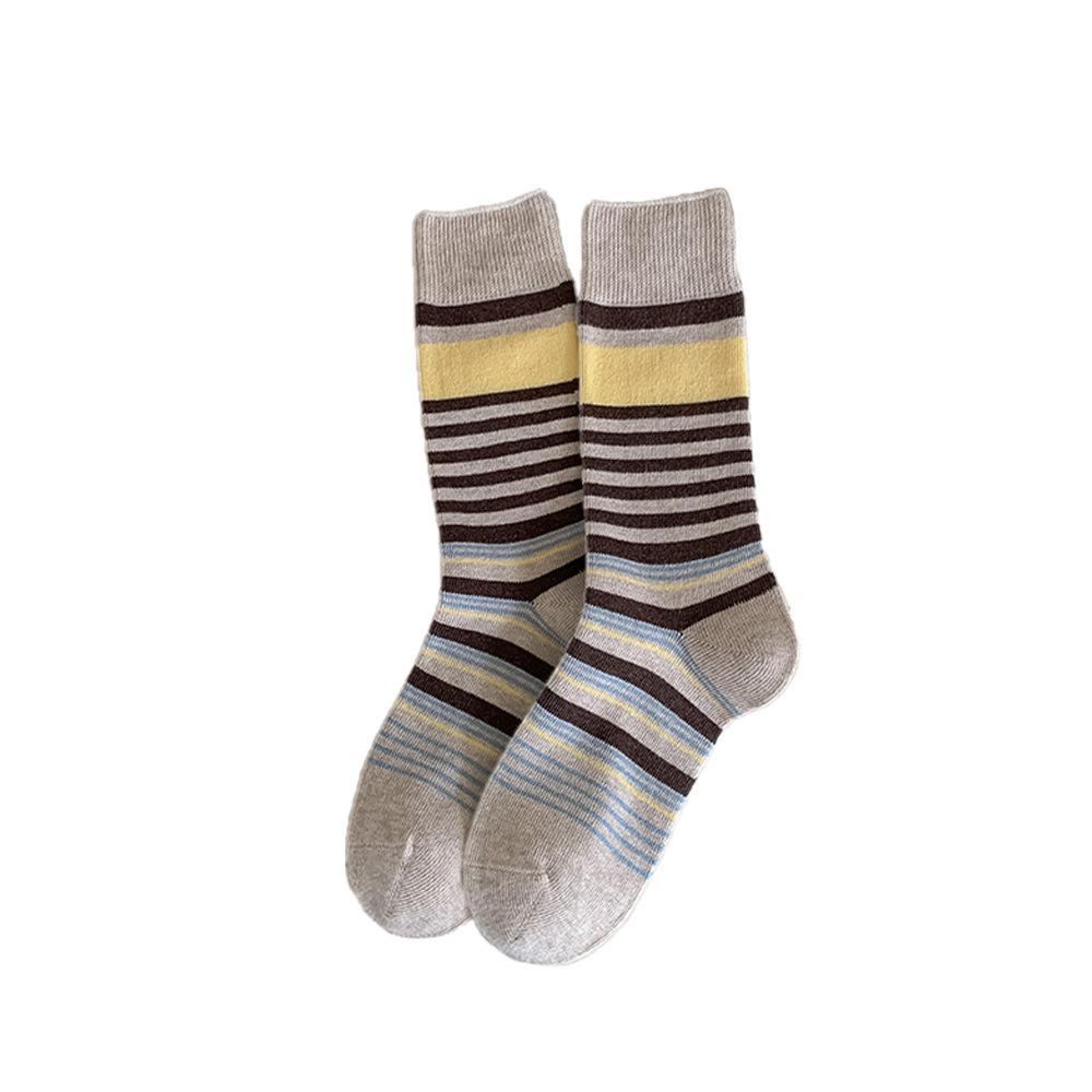 Striped Pile Pile Socks for Women's Mid-calf Retro School Style Autumn and Winter Color-blocked Boneless Thigh-high Socks