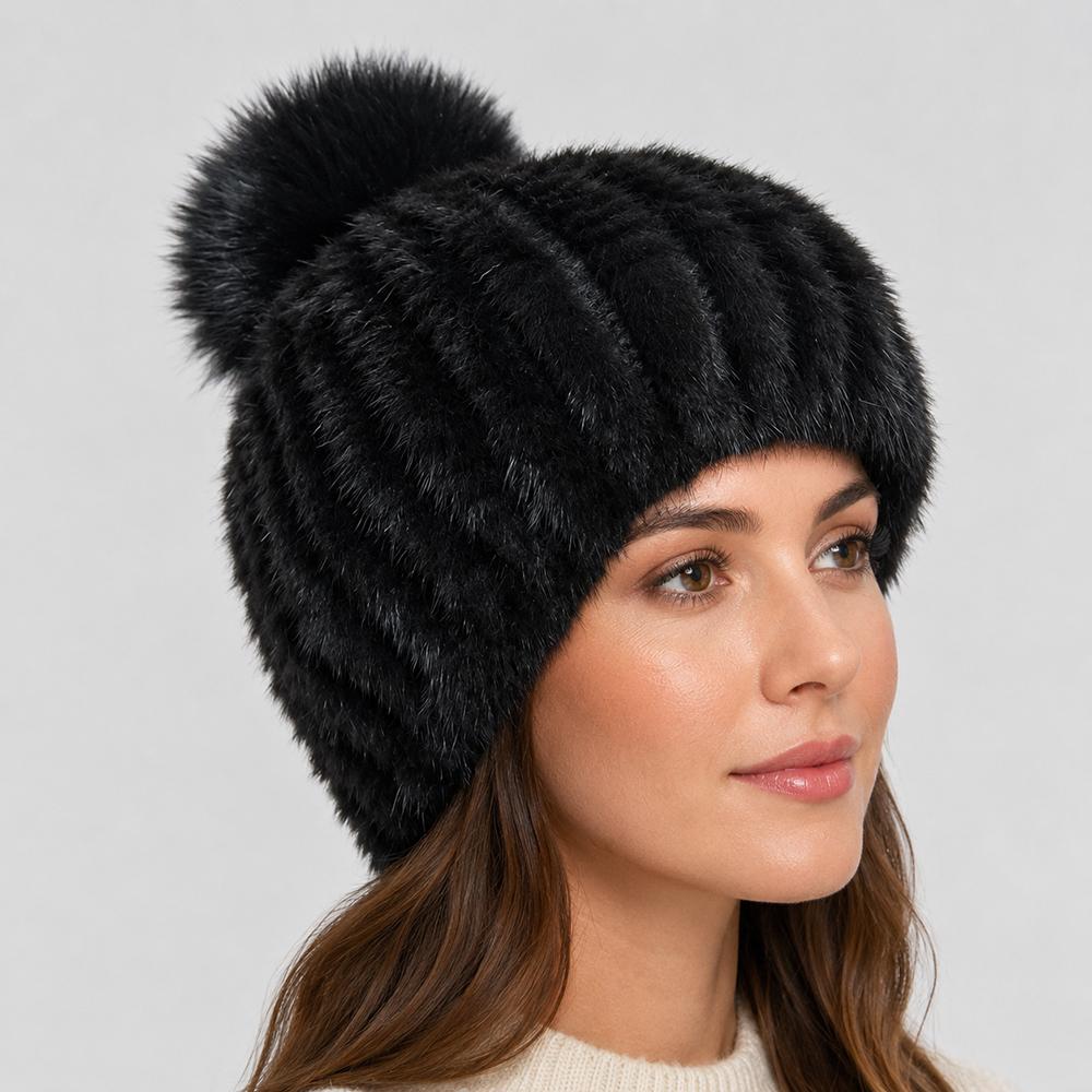 Winter Women Natural Mink Fur Hat Hand Knitted Warm 100% Genuine Mink Fur Cap Russia Lady Real Mink Fur And Fox Fur Pompoms Hats