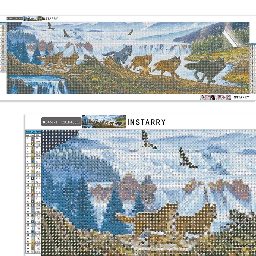 Instarry 5D Diamantmalerei-Set, Vollklebebild, Wanddekoration, Mosaik, Perlen, Handarbeitsset, Wolf und Wasserfall, 120x40 cm
