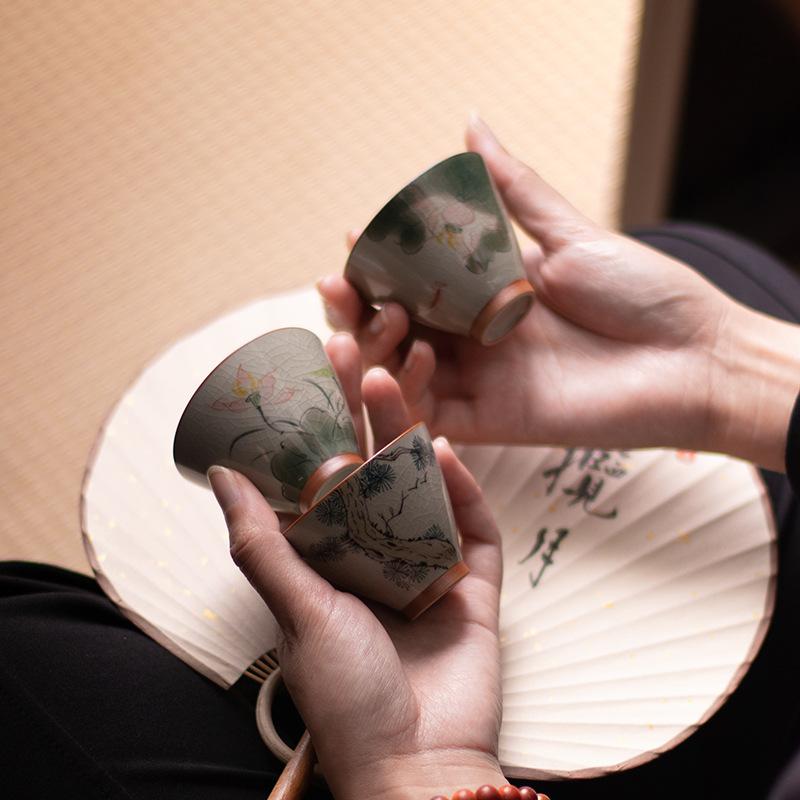 Hand-painted Ge Kiln Host Porcelana Cup Handmade Ceramic Tea Cup Single Sample Tea Cup Open Piece with Gift Box Kung Fu Tea Set