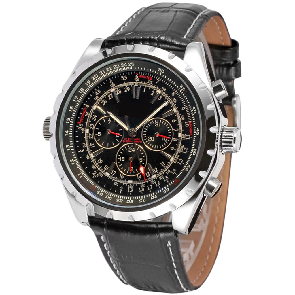 Men S Automatic Mechanical Watch with Leather Strap Fashion Wristwatch Calendar Date Display