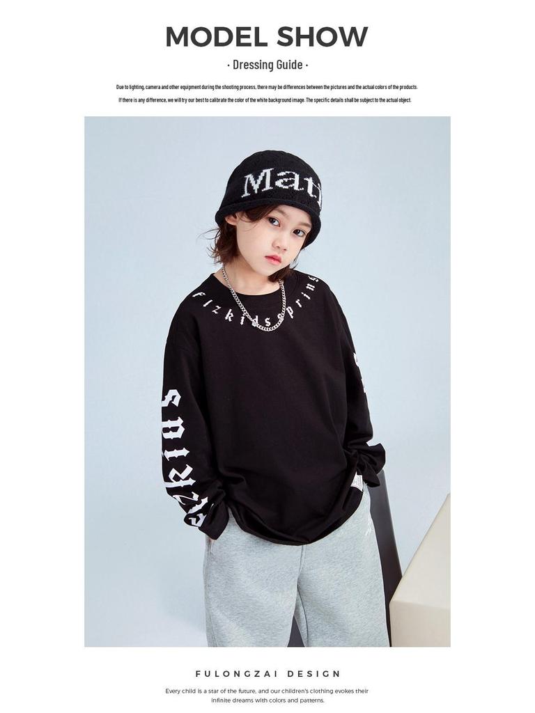 FULONGZAI 2025 Spring Korean Letter T-Shirt for Kids: Unisex, Medium to Large Sizes