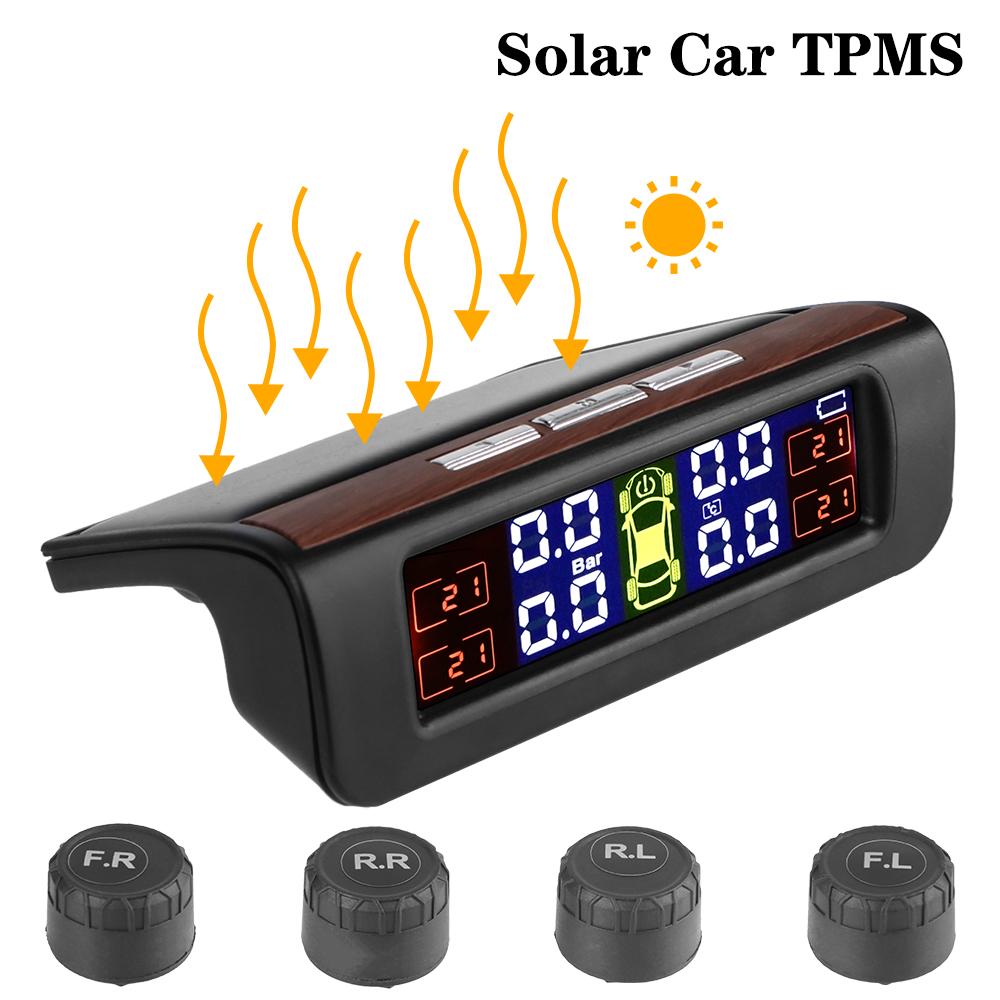 Car Tyre Pressure Monitor With 4 External Sensors T12 Car Tire Pressure Monitoring System 0-3.5Bar Solar USB TPMS