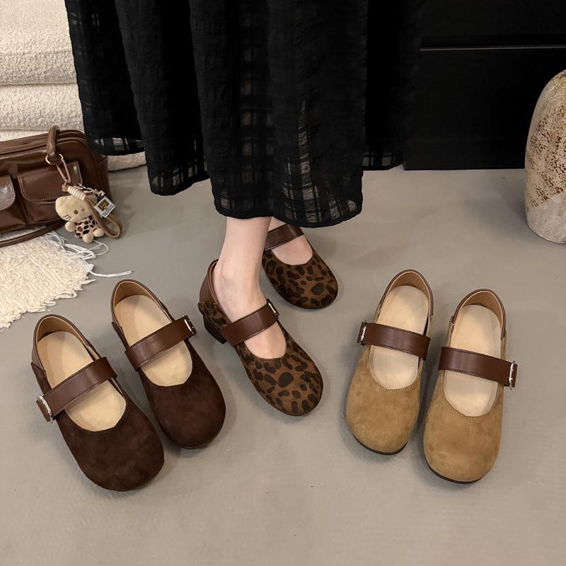 Retro Leopard Print Mary Jane Shoes Women's One-word Belt Inner Height Increase Round Head Shallow Mouth with Skirt Flat-soled Single Shoes