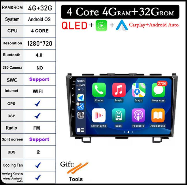 9 Lnch Android 14 For Honda CRV CR-V 3 RE 2006-2012 Car Radio GPS Navigation Multimedia Player Stereo Head Unit QLED Screen