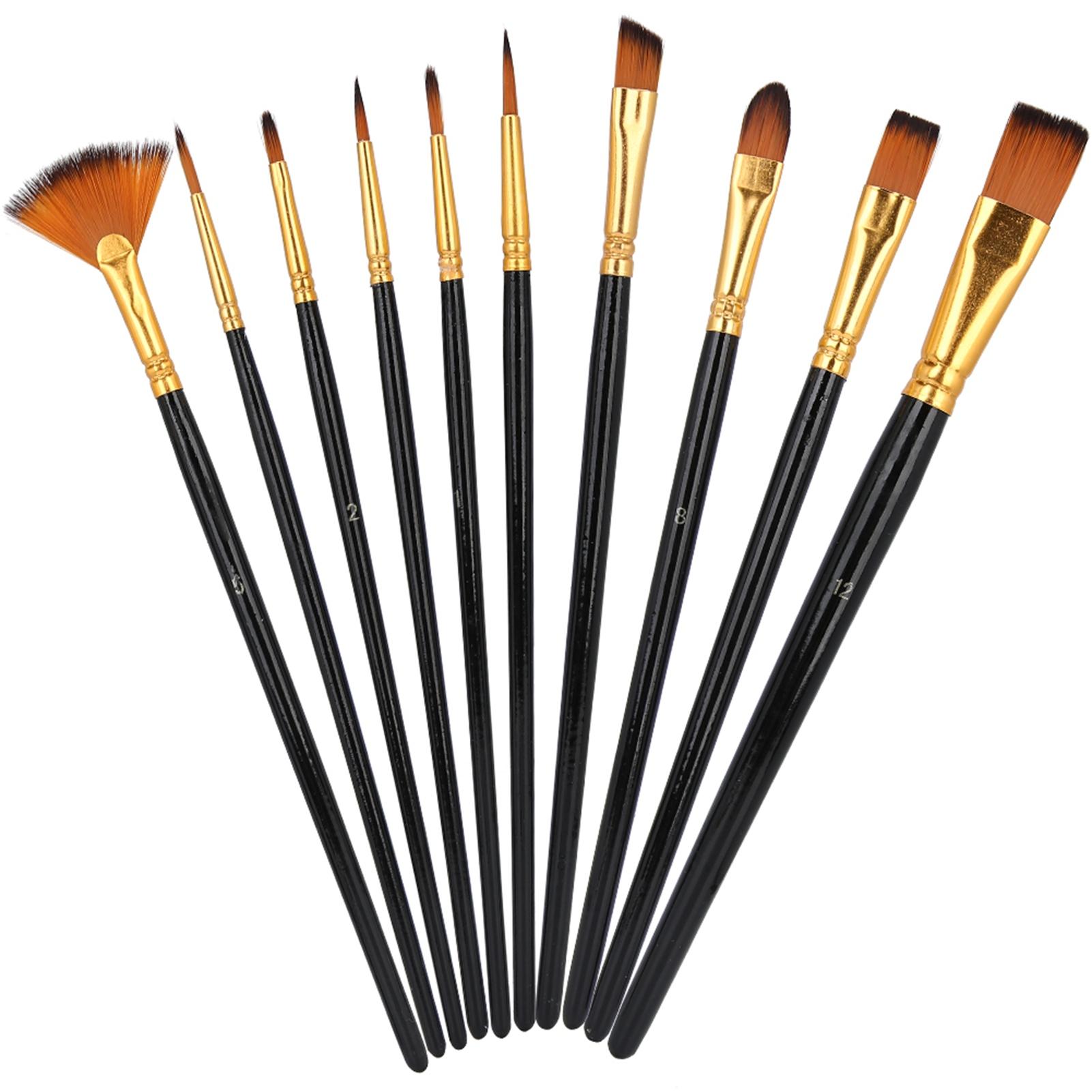 

10Pcs Nylon Hair Paint Brushes Set Wood Handle Fan shaped Flat Mixed with Many Head Oil Acrylic