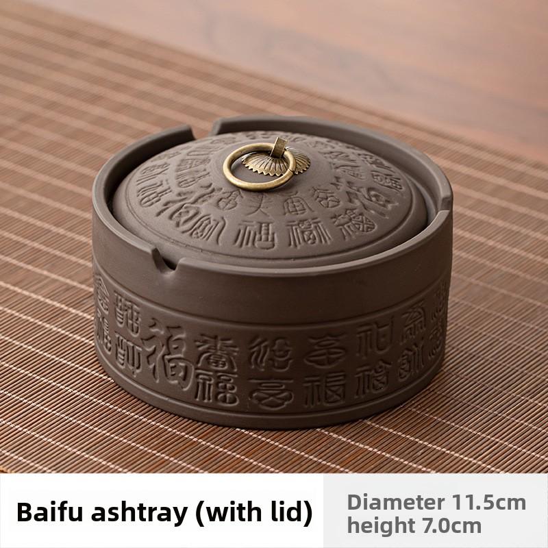 Purple Clay Ashtray with Lid Windproof Chinese Fu Pattern Large Capacity Minimalist Home Office Desk Decor