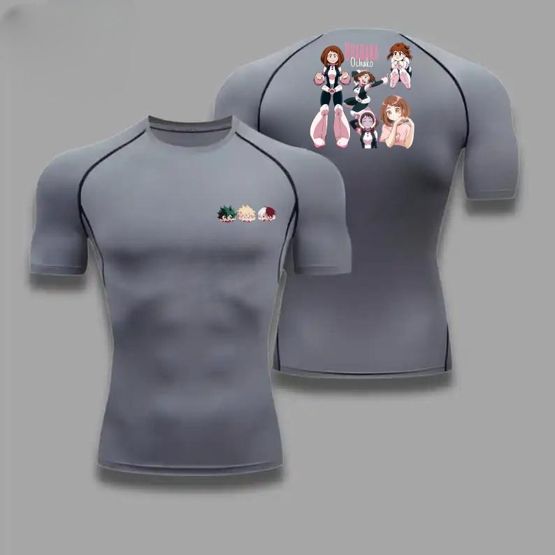 Men Compression Shirt Workout Quick Dry Uraraka Ochako Print Top Breathable Sweat Absorbing Tight Fit T-Shirt Sweat-Resistant