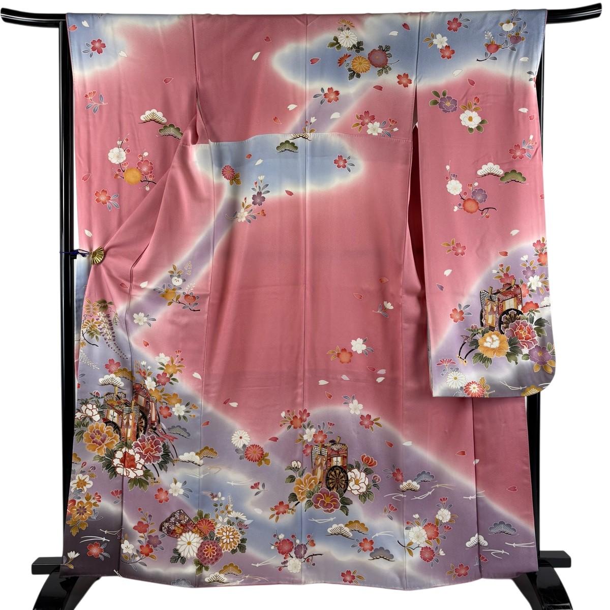 

[Good condition] Furisode, length 163cm, sleeve length 66.5cm, M, imperial carriage, flowers, gold, dyed, pink, pure silk, excellent item [Used]