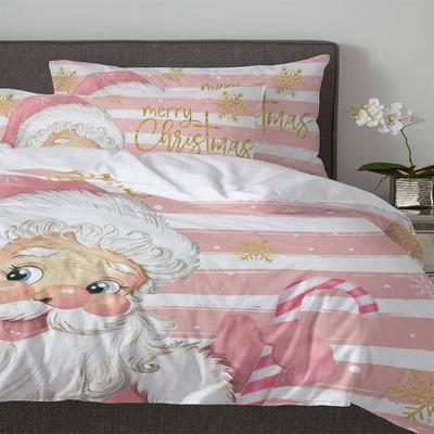 Navidad Papá Noel Copos de Nieve Rayas Rosas Juego de Cama de 3 Piezas Para Cama Doble Textil Hogar Funda Nórdica Cubre Edredón Funda de Almohada