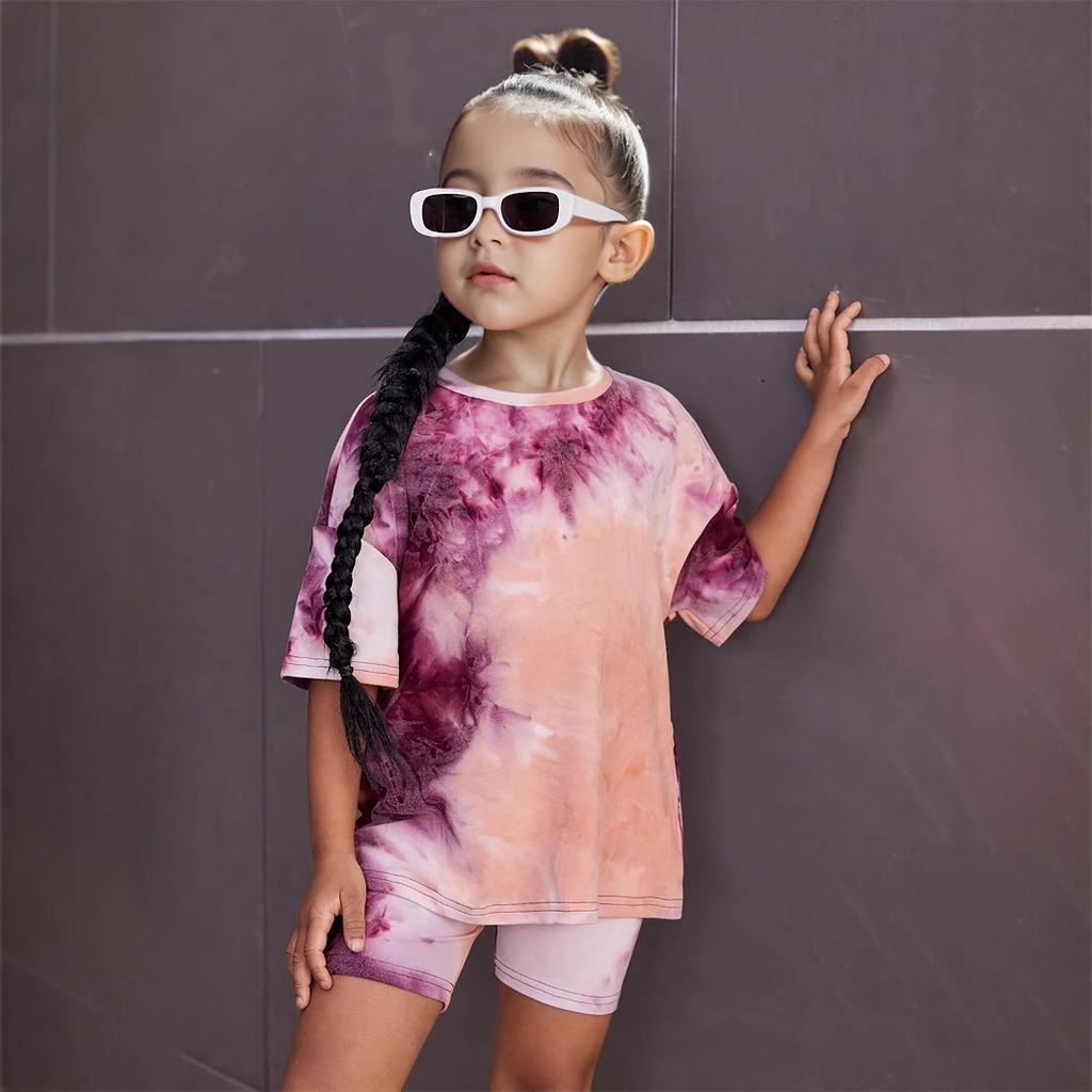 Girls Casual Printed Short Sleeve Suit Round Neck Short Sleeve T-shirt Suit Suitable for 1-8 Years Old Children Fashion Suit
