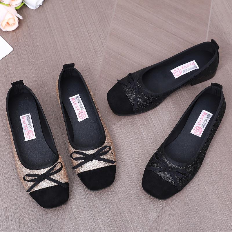 2025 New Women's French-Style Sequined Bow Flats: Square Toe, Shallow Mouth Evening Shoes