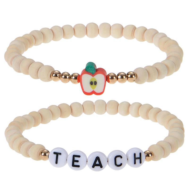 Graduation Season Teacher Appreciation Bracelet with Natural Wood Beads and Apple Charm