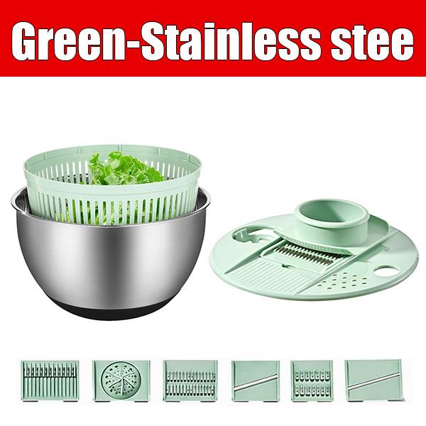 Stainless Steel Salad Spinner with Slicer Set 5 Qt Large Rotation Vegetable Washer Includes 5 Chopping Blades Slicer Drain Bowl