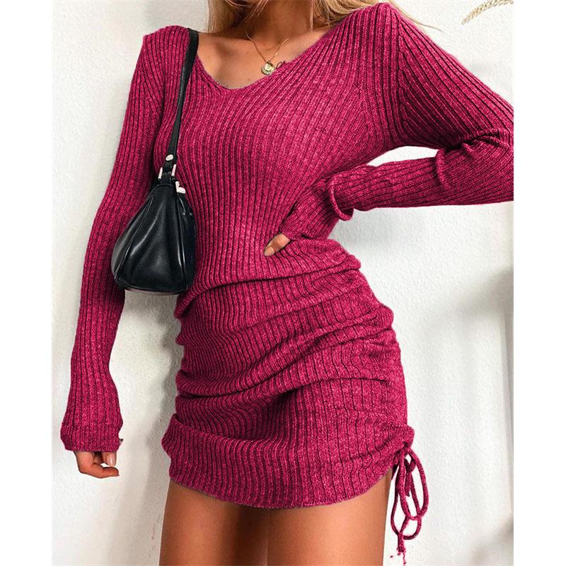 Women's Fashion Sexy V-neck Long Sleeve Sweater Dress Drawstring Solid Color Loose Above Knee Knitted Pullovers