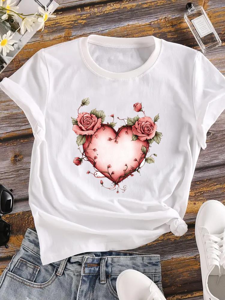 (Asian Size) sweet flower trend Printed Female Top T Shirt Clothing Lady o-neck Short Sleeve T-shirts Casual Fashion Women Graphic Tee