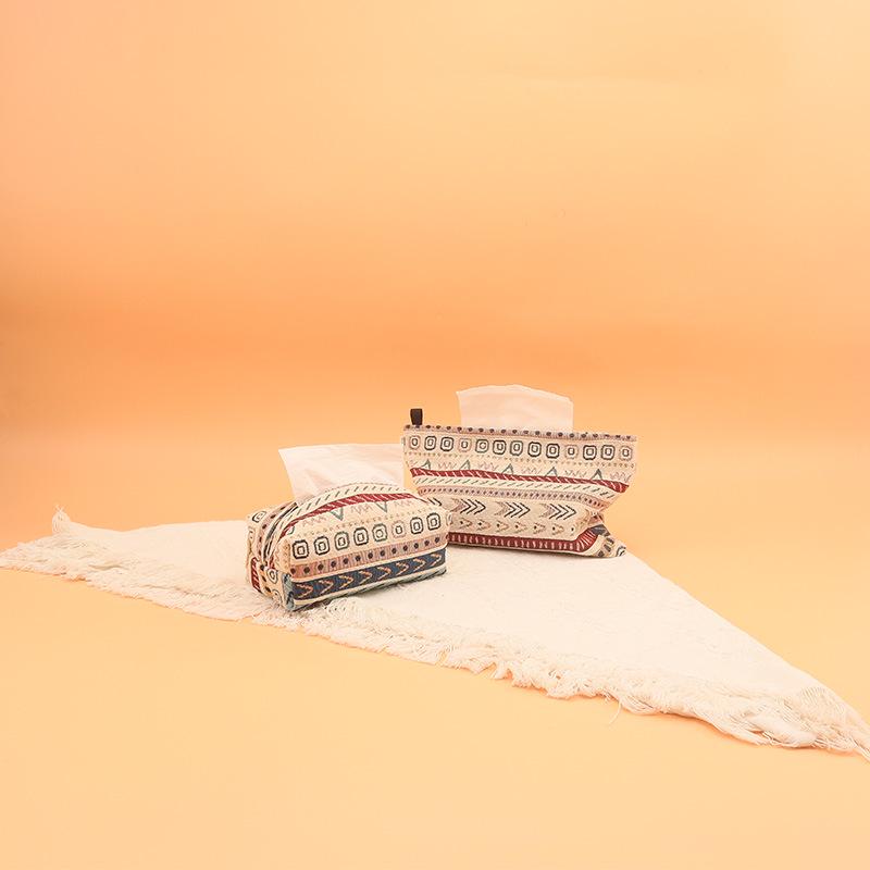 Ethnic Snowflake Chenille Fabric Tissue Box for Living Room or Office Beige Ethnic Style Square