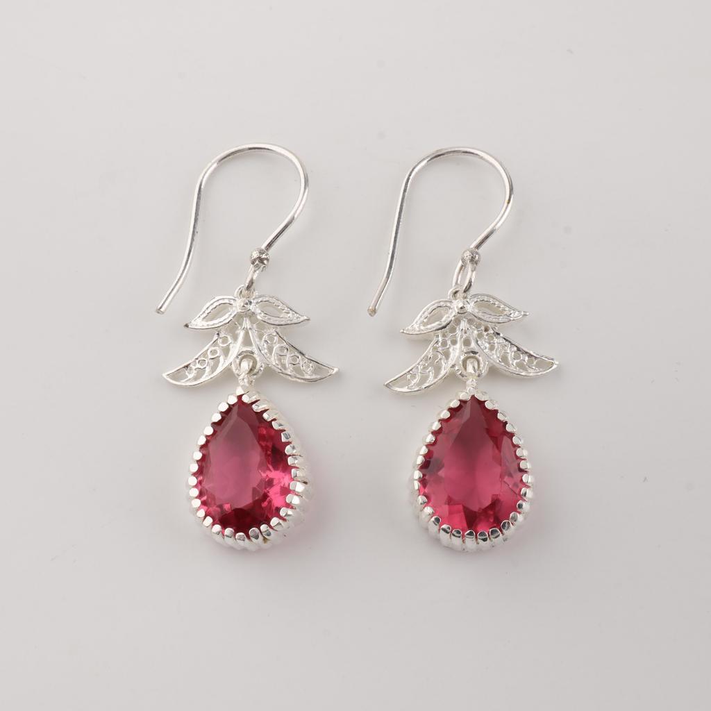 Pink Tourmaline Gemstone 925 Sterling Silver Dangle Earrings For Women 1.84" CE-27-2