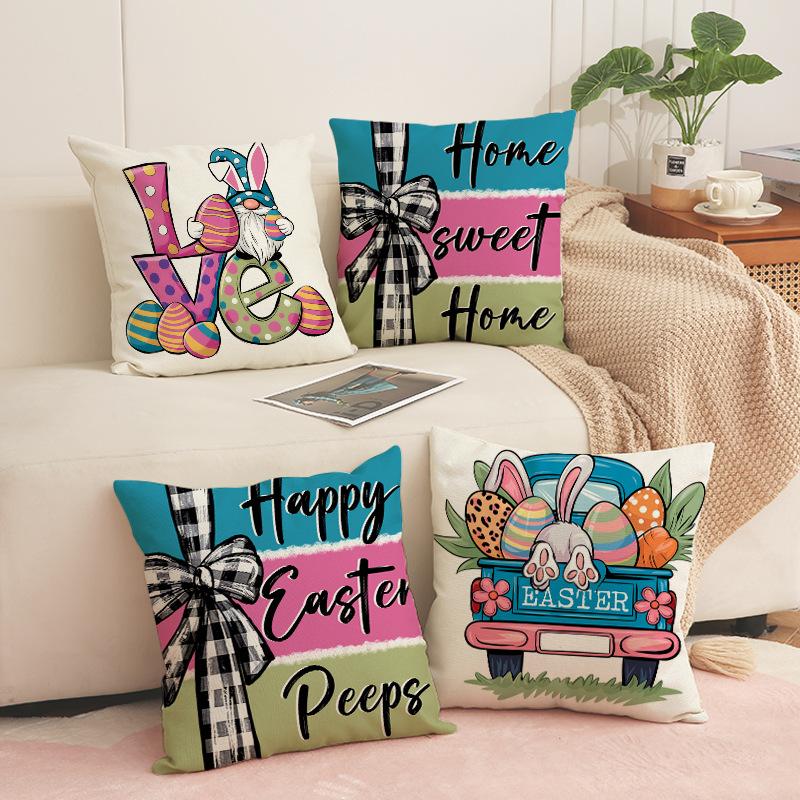 New Easter Pillowcase Linen Print Cartoon Rabbit Pillow Living Room Holiday Decoration Cushion