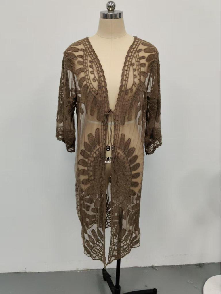 Zonnebloem Kant Geborduurde Bikini Cover-Up Cardigan