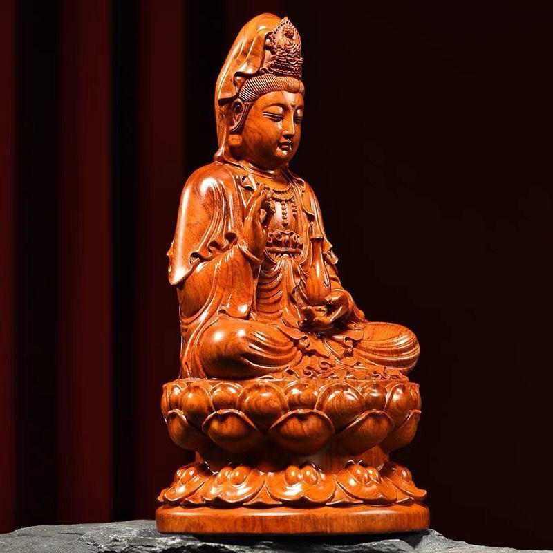 Rosewood Lotus Seated Guan Yin Bodhisattva Statue - Solid Wood Carving Handicraft for Home and Worship Decor