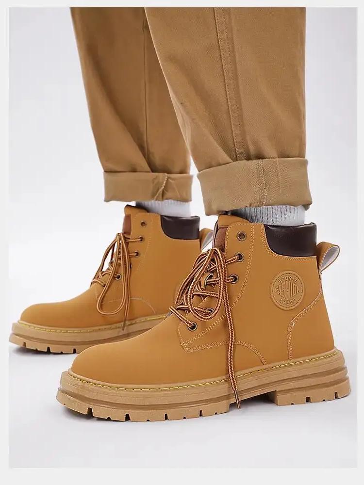 Casual Boots Leather Lace-up Big Head Tooling Boots Work Shoes Autumn Winter Thick Bottom High Top Non Slip Warm