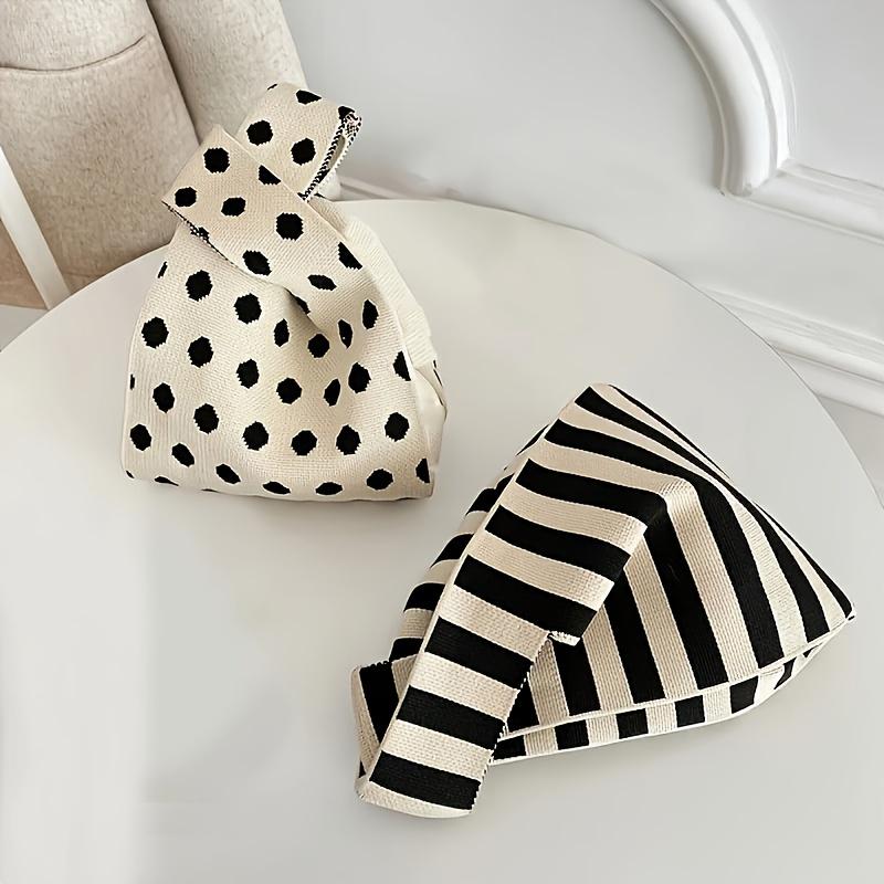 Wide Striped Handmade Knitted Handbag, Minimalist Korean Women Mini Knot Wrist Bag, Tote Bag